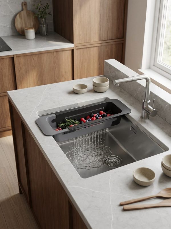 Velgrina Teleskopik Evye Üstü Süzgeç – Siyah Gri, 300–543 mm Ayarlanabilir