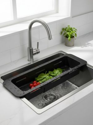 Velgrina Teleskopik Eviye Süzgeci | Ayarlanabilir 300–540 mm | Çok Amaçlı Sebze–Meyve Yıkama Süzgeci