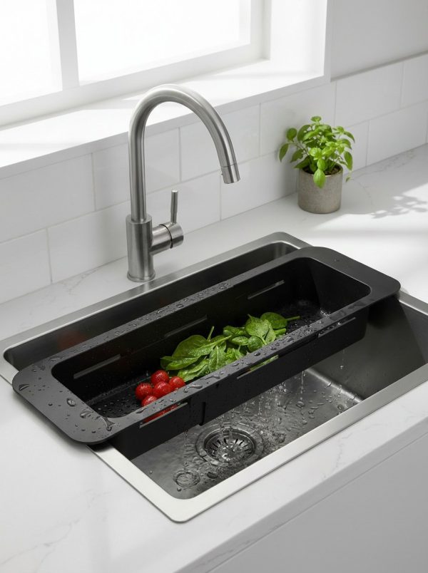 Velgrina Teleskopik Eviye Süzgeci | Ayarlanabilir 300–540 mm | Çok Amaçlı Sebze–Meyve Yıkama Süzgeci